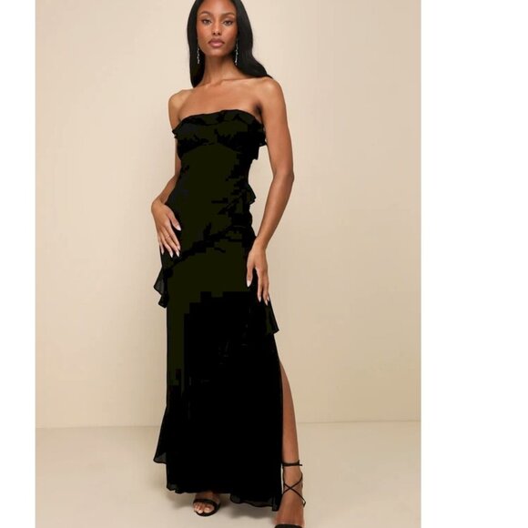 Lulus Dramatic Allure Black Ruffled Cutout Strapless Maxi Dress Size Medium NWOT - Picture 1 of 4